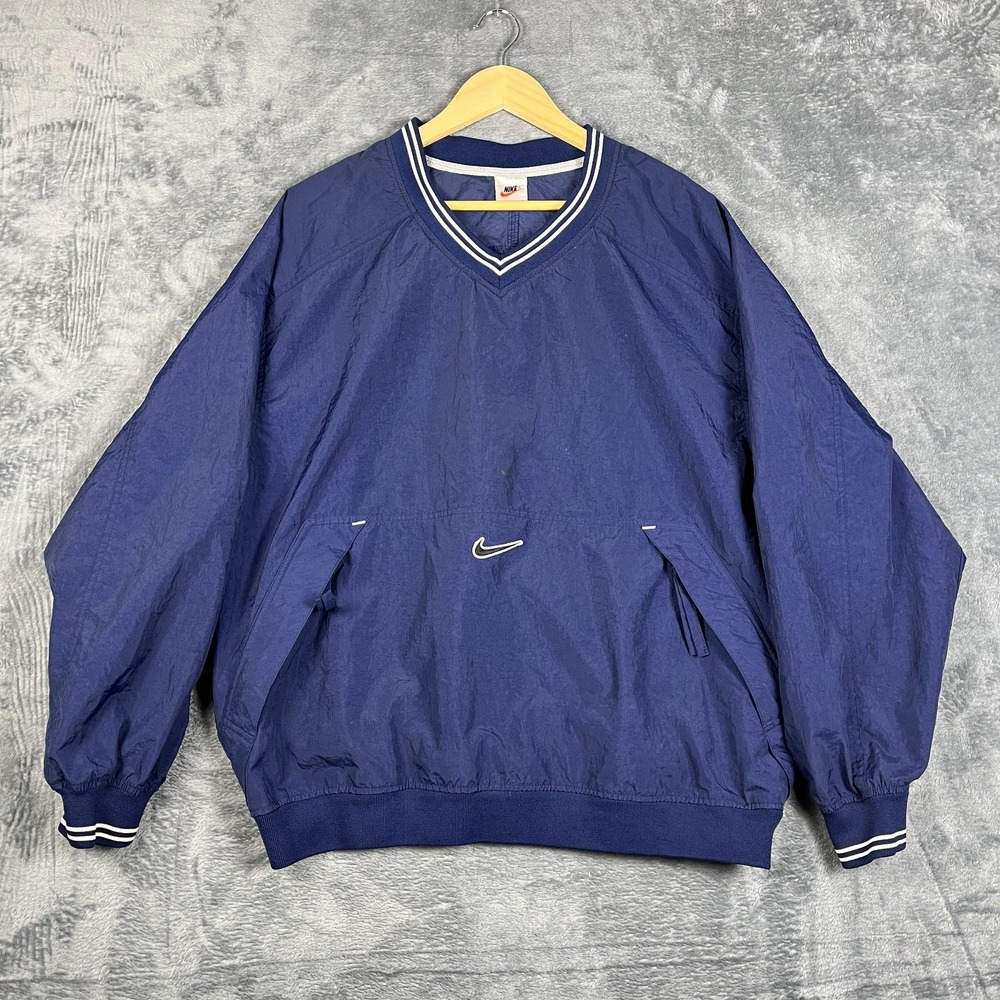 Vintage Nike Windbreaker Jacket Mens Large Navy Blue V Neck Training Pullover